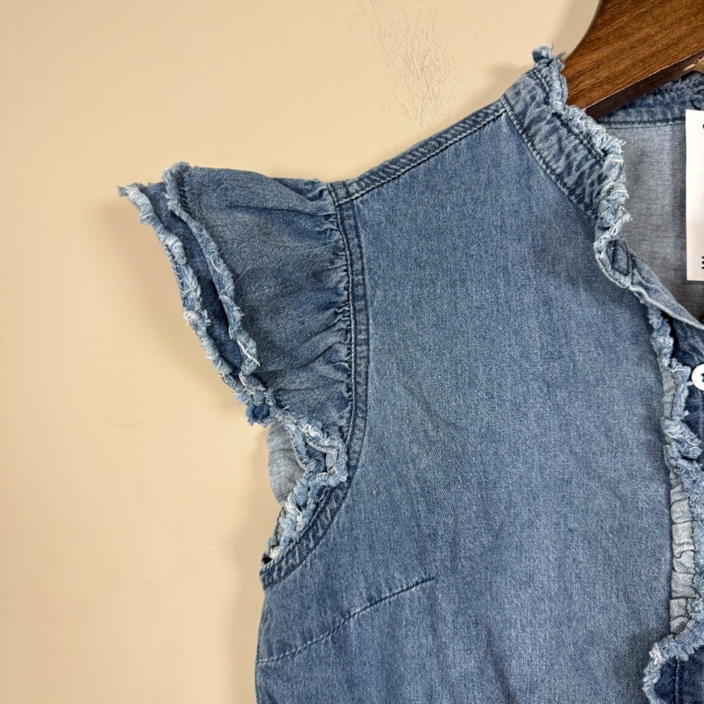 Lucy Pearl Boutique Denim Frayed Edge Flutter Sleeve Button Down Shirt Medium - Picture 4 of 6